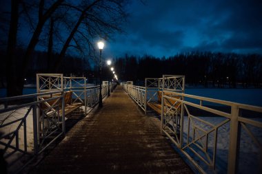 Kışın gece parkında yaya köprüsü, fenerlerin güzel ışığı.