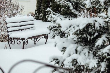 Arka bahçedeki Noel ağaçları karda. Çardağı olan rahat bir bahçe ve kışın bir kır evinin sokakları.