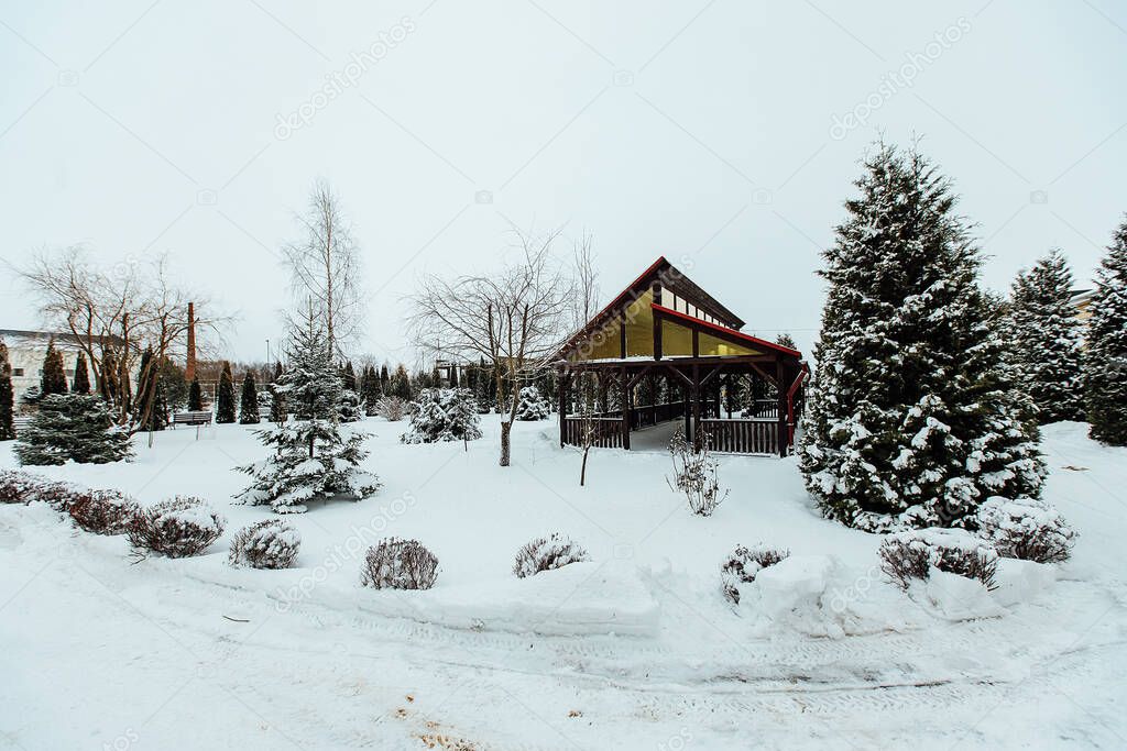 Christmas trees in the backyard in the snow. cozy garden with gazebo and alleys of a country house in winter