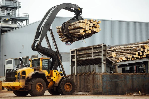 Front Loader Loading Timber Industrial Tractor Transports Felled Wood Wood — Stock Photo, Image