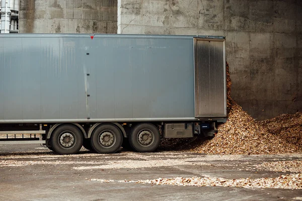 the truck unloads tons of wood waste. sawdust and shavings are stored for further processing. mountain of waste wood