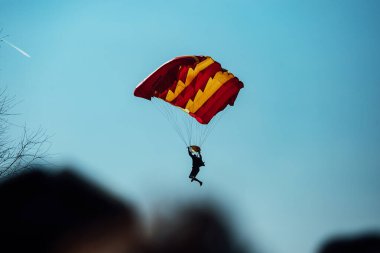 Alçak irtifada bir paraşütçü ağaçların arasına inmeye hazırlanıyor. Uçan bir uçaktan atlamak tehlikeli bir spordur.