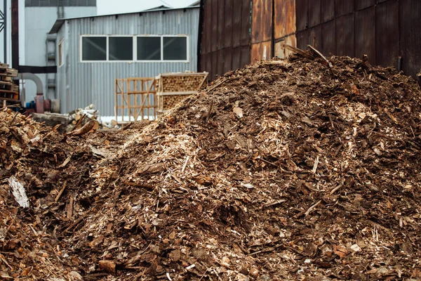 Montañas Virutas Fábrica Los Residuos Carpintería Almacenan Para Procesamiento Eliminación — Foto de Stock