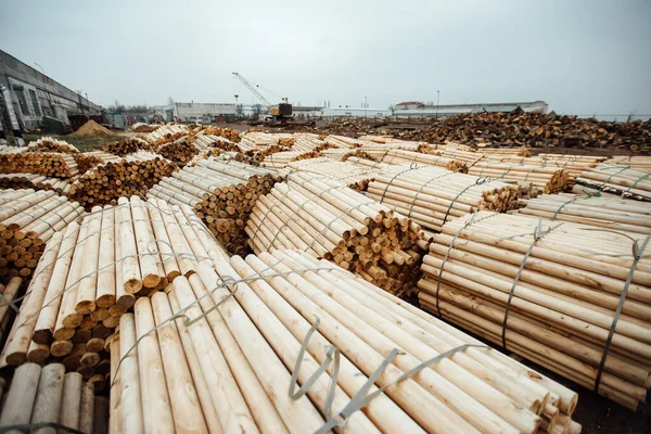 warehouse of a woodworking plant. the bundles of logs are stored and ready for transportation. a lot of processed smooth wooden bars
