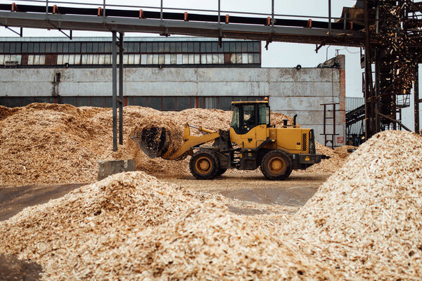 the excavator loads wood chips. the large bucket of the conveyor loads biofuels and wood mulch. industrial bulldozer is engaged in unloading slag