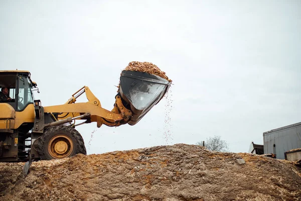 Excavator Loads Wood Chips Large Bucket Conveyor Loads Biofuels Wood — Stock Photo, Image