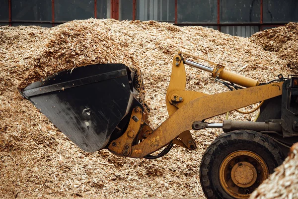 Excavator Loads Wood Chips Large Bucket Conveyor Loads Biofuels Wood — Stock Photo, Image