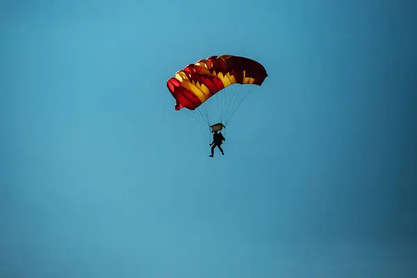 一个在低空飞行的跳伞运动员正准备在树林中着陆 从飞机上跳下来的危险的极限运动 — 图库照片