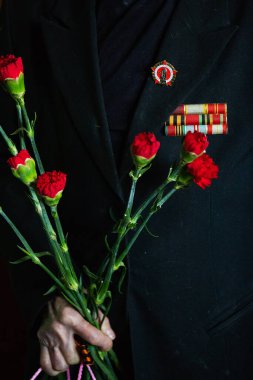 Yaşlı bir savaş gazisinin elleri çiçekleri tutuyor. Kırmızı karanfiller, İkinci Dünya Savaşı 'nı kazananların anısına askeri bayram hediyesi. Vatansever bayram zafer günü. Tebrikler yaşlı adam.