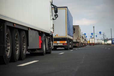Sınırda uzun bir trafik sıkışıklığı, Coronavirüs salgını nedeniyle eyaletler arasında gümrük kontrolleri için uzun bir bekleyiş, kargo taşımacılığının hijyenik denetiminin artması