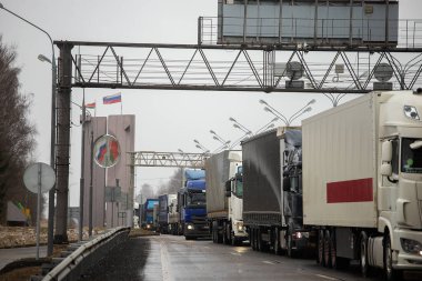 Sınırda uzun bir trafik sıkışıklığı, Coronavirüs salgını nedeniyle eyaletler arasında gümrük kontrolleri için uzun bir bekleyiş, kargo taşımacılığının hijyenik denetiminin artması