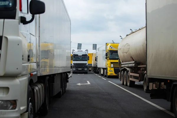 Sınırda uzun bir trafik sıkışıklığı, Coronavirüs salgını nedeniyle eyaletler arasında gümrük kontrolleri için uzun bir bekleyiş, kargo taşımacılığının hijyenik denetiminin artması