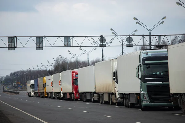 Sınırda uzun bir trafik sıkışıklığı, Coronavirüs salgını nedeniyle eyaletler arasında gümrük kontrolleri için uzun bir bekleyiş, kargo taşımacılığının hijyenik denetiminin artması