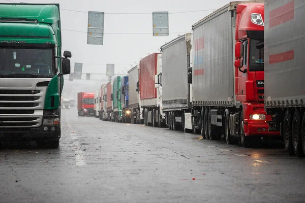 a long traffic jam of many trucks at the border , a long wait for customs checks between States due to the coronavirus epidemic, increased sanitary inspection of cargo transport