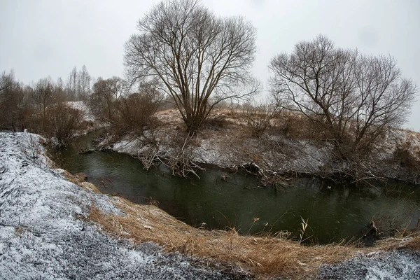 Wildbach Zeitigen Frühling Bei Trübem Wetter Schwacher Wasserfluss Zwischen Hohen — Stockfoto