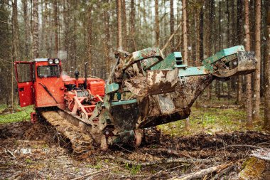 Bir sürüngen traktörü bir orman açıklığından geçiyor. Endüstriyel buldozer çamura saplanmış. Kamyonlar yerde kayıyor.