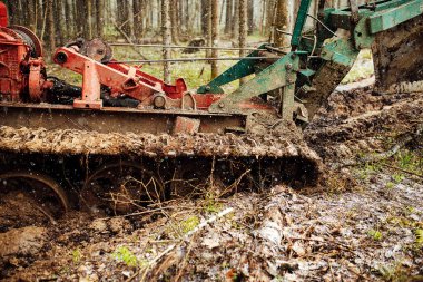 Bir sürüngen traktörü bir orman açıklığından geçiyor. Endüstriyel buldozer çamura saplanmış. Kamyonlar yerde kayıyor.