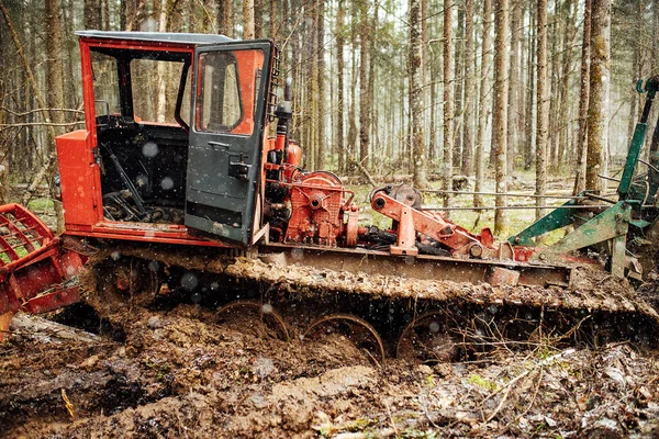 Crawler Tractor Driving Forest Clearing Industrial Bulldozer Stuck Mud Trucks — Stock Photo, Image