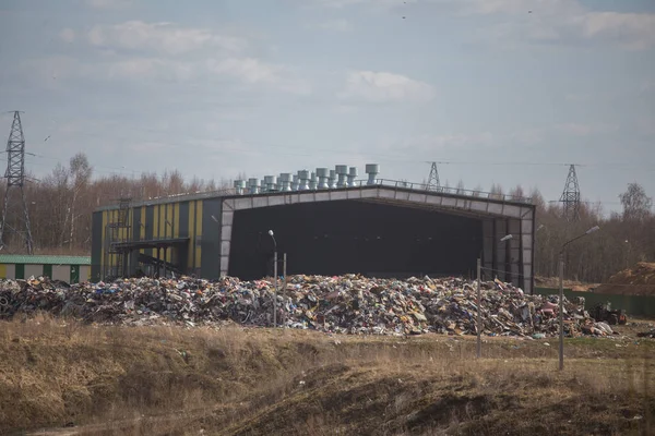 Grande Bando Gaivotas Voa Sobre Enormes Pilhas Lixo Aterro Sanitário — Fotografia de Stock