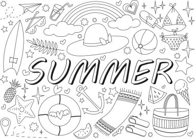 Güneş gözlüğü, plaj topu, dalgalar, güneş ve dondurma gibi eğlenceli unsurların yer aldığı canlı bir yaz temalı karalama. Canlı yaz posterleri, tebrik kartları ve web tasarımı için mükemmel..