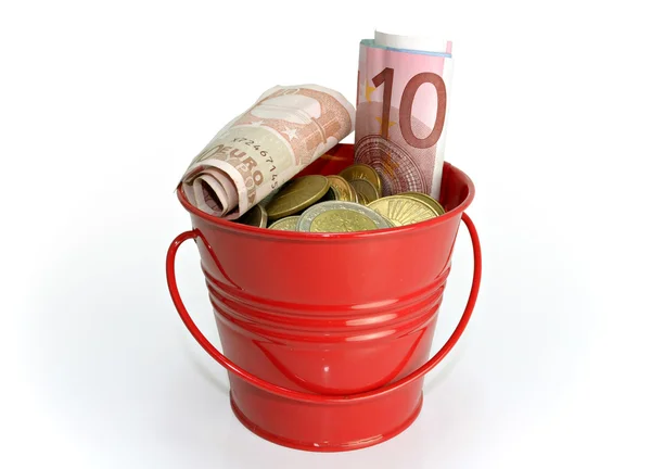 Rode emmer met geld — Stockfoto