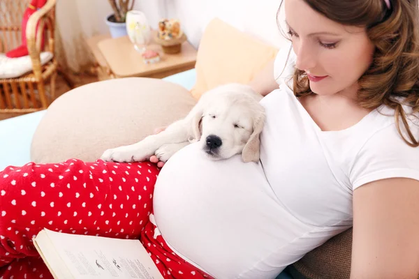 Mulher grávida com seu cão em casa — Fotografia de Stock