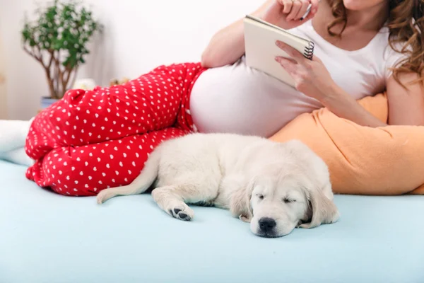 Gravid kvinna med hennes hund hemma — Stockfoto