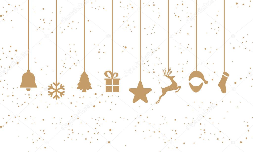 gold color christmas day hanging decoration with snow dots on white background