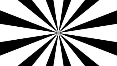 Siyah ve beyaz güneş patlaması arka planı. 4K minimalist radyal ışınlar retro çizgi roman tarzı, hipnotik görsel efektler, dramatik tanıtımlar ve klasik grafik örtüleri için animasyon.