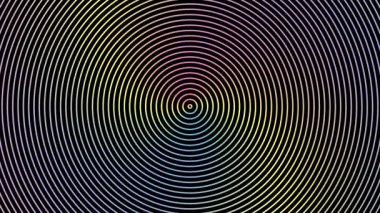 Renkli eşmerkezli dairelerin hareket arkaplanı. 4K hipnotik gökkuşağı tünel animasyonu retro müzik videoları, neon saykodelik giriş ve canlı geometrik fütüristik içerik.
