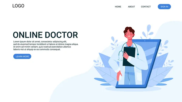 オンライン医療相談、サポート。オンラインドクター。医療サービス。スマートフォンに聴診器付きの家庭用男性医師。オンライン医療アドバイスや相談サービス、テレメディシン。ランディングページ. — ストックベクタ