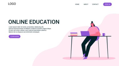 Uzaktan çalışma ya da online eğitim konsepti. Ev ofisinde çalışan bir kadın, bilgisayar ekranına bakıyor ve iş arkadaşlarıyla internetten konuşuyor. Merkez ofis. Düz vektör çizimi. İniş sayfası.