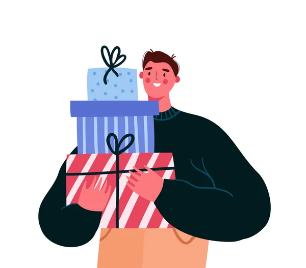 Счастливчик с упакованными подарочными коробками. Человек готовит подарки к Рождеству и Новому году. Рождественский праздничный сезон покупки иллюстрации. Мультфильм с плоским вектором. — стоковый вектор