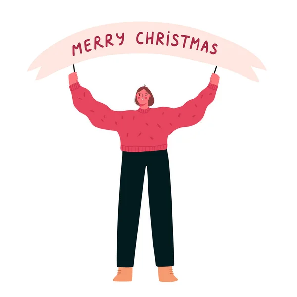 Boldog nő kezében banner boldog karácsonyi felirattal elszigetelt fehér háttérrel. Boldog karácsonyt és boldog új évet! Rajzfilm lapos vektor illusztráció. — Stock Vector