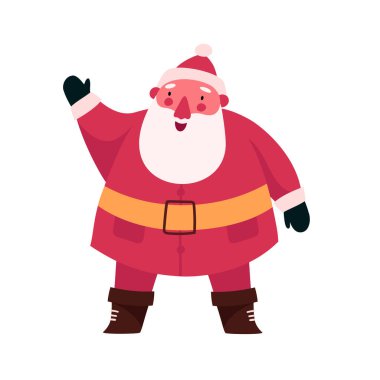 Christmas funny happy Santa Claus character waving and greeting. New year flat cartoon vector illustrations isolated on white background. For Christmas cards, banners, posters