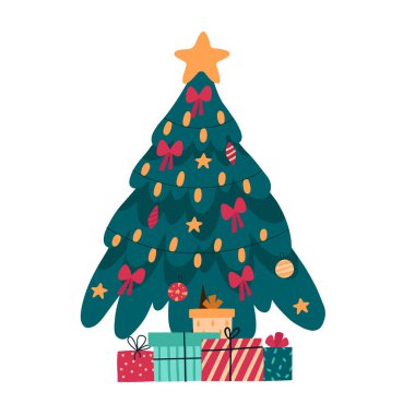 Noel ağacı, Noel süslemeleri, yıldızlar, ışıklar, dekorasyon topları, lambalar ve hediye kutuları. Mutlu Noeller ve mutlu yıllar. Düz çizgi film vektör çizimi