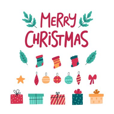 Noel dekoratif koleksiyonu. Noel hediyesi kutuları, toplar, çelenkler, çoraplar, beyaz arka planda izole edilmiş. Tatil tasarımı için düz çizgi film vektör ögeleri