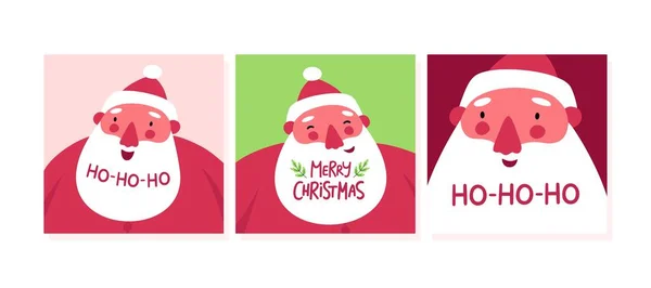 Feliz Navidad y Feliz Año Nuevo conjunto de tarjetas de felicitación con lindo feliz santa claus. Letras dibujadas a mano ho-ho-ho. ilustraciones planas vector de dibujos animados. Para tarjetas de Navidad, pancartas, carteles. — Archivo Imágenes Vectoriales