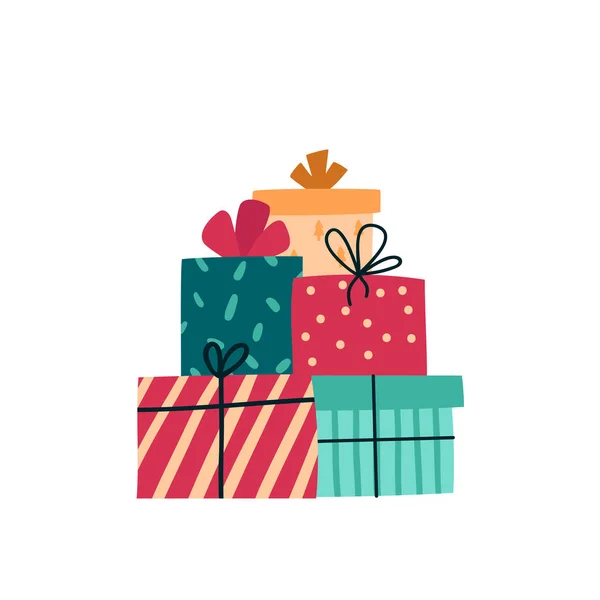 Grote stapel kleurrijke geschenkdozen geïsoleerd op een witte achtergrond. Feestelijke dozen van heden met lintstrik. Platte cartoon vector illustratie. — Stockvector