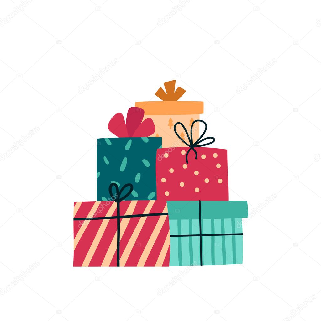 Big pile of colorful wrapped gift boxes isolated on a white background. Festive boxes of present with ribbon bow. Flat cartoon vector illustration.