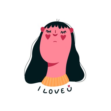 Sevgililer Günü kartı beyaz bir arka planda izole edilmiş, aşık bir kadınla. Harfleri seviyorum. Düz çizgi film vektör çizimi