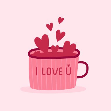 Şirin, romantik Sevgililer Günü kartı, içi kalplerle dolu pembe bir kupa. Ben de seni seviyorum. Düz çizgi film vektör çizimi.