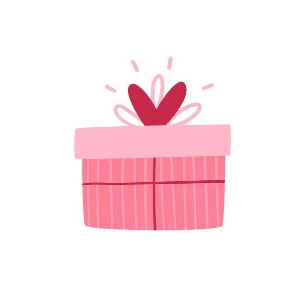 Caixa de presente embrulhado rosa bonito, romântico para dia dos namorados ou borthday isolado em um fundo branco. Caixa festiva com coração. Desenho plano ilustração vetorial. — Vetor de Stock