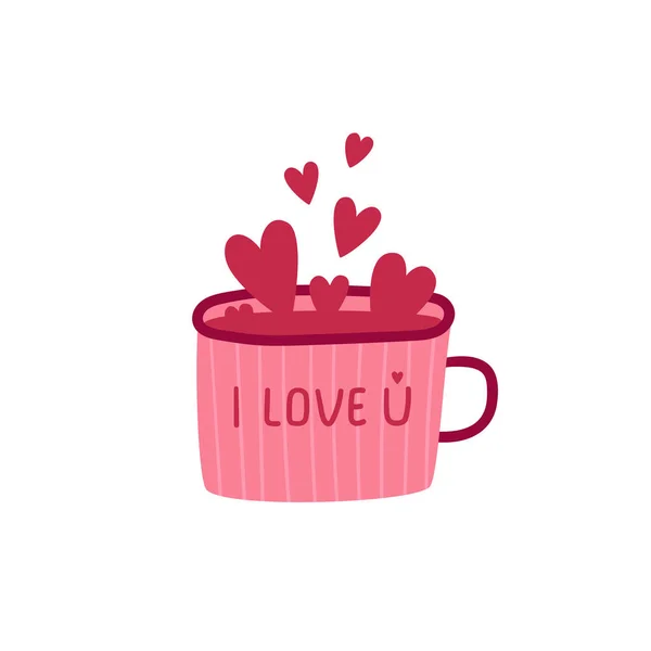 Linda taza de color rosa romántico lleno de corazones para el día de San Valentín aislado sobre un fondo blanco. Te quiero. Te quiero. ilustración plana vector de dibujos animados. — Vector de stock