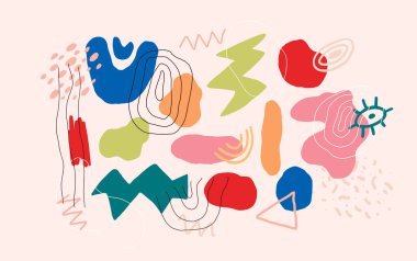 Soyut el çizimleri, renkli şekiller ve karalamalar. Modern trend vektör illüstrasyonu.