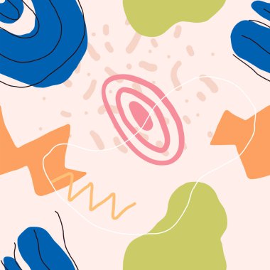 Güzel, soyut, modern, kusursuz desen. Elle çizilmiş renkli şekiller ve karalama elementleri. Paket kağıdı, tekstil baskısı, duvar kağıdı için moda vektör tasarımı.