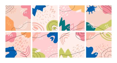 Metin için kopyalama alanı olan büyük bir yaratıcı özgeçmiş seti. Elle çizilmiş renkli şekiller ve karalama elementleri. Sosyal medya, gönderi, baskılar, afişler, blog için modern, modaya uygun vektör tasarımı.