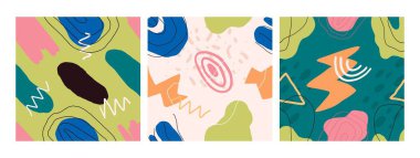 Soyut, şirin, modern, pürüzsüz desenler. Elle çizilmiş renkli şekiller ve karalama elementleri. Paket kağıdı, tekstil baskısı, duvar kağıdı için moda vektör tasarımı.