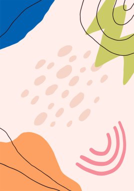 Metin için kopyalama alanı olan yaratıcı soyut arkaplan. Elle çizilmiş renkli şekiller ve karalama elementleri. Sosyal medya, hikayeler, gönderiler, baskılar, afişler için modern, modaya uygun vektör tasarımı, blog.