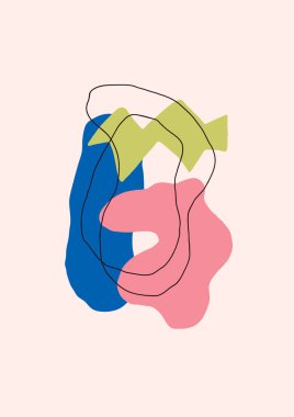 Yaratıcı, soyut, modern, minimal poster. Elle çizilmiş renkli şekiller ve karalama elementleri. Duvar dekorasyonu, kartpostal, broşür, baskılar, afişler için moda vektör tasarımı.